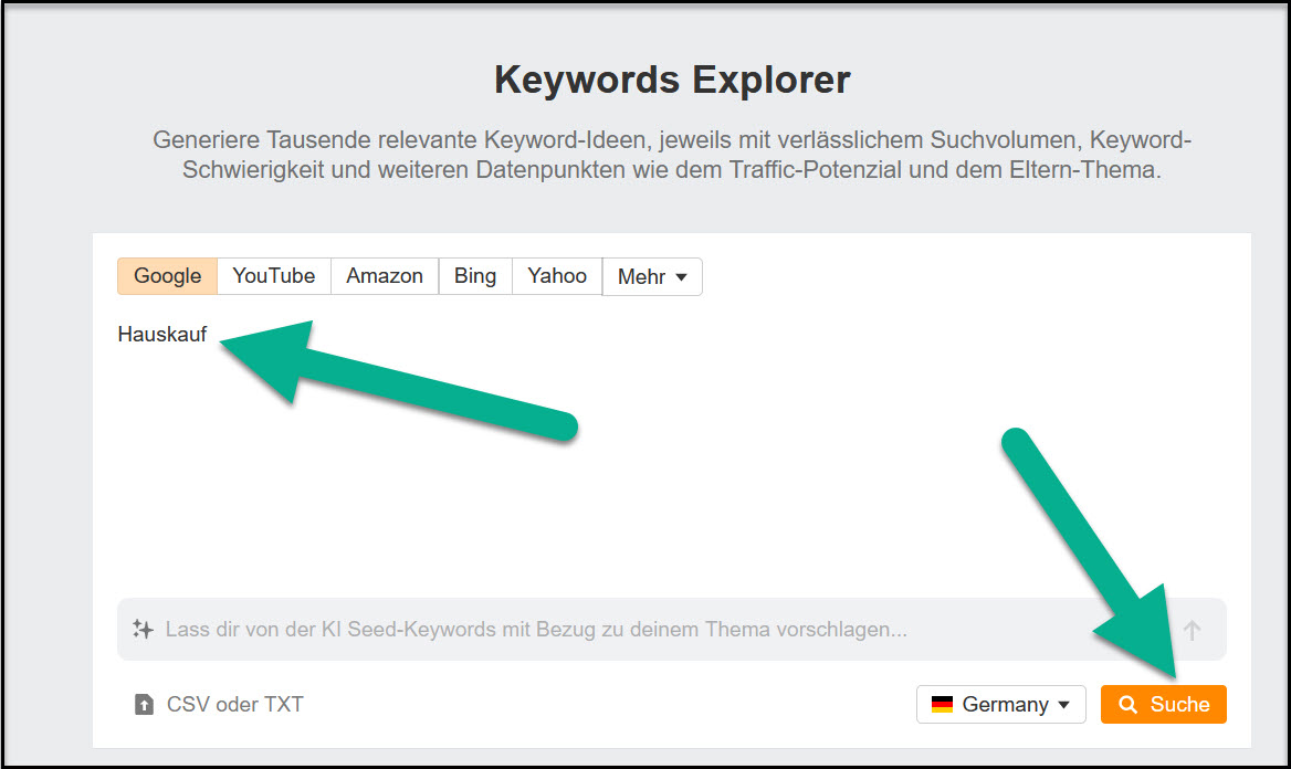 Keyword Suche starten