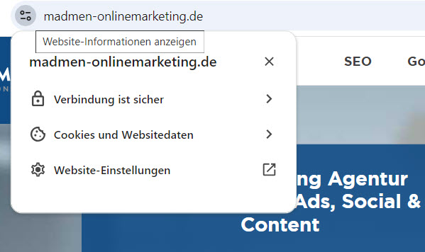 Screenshot Chrome Browser mit SSL Zertifikat prüfung auf Sicherheit
