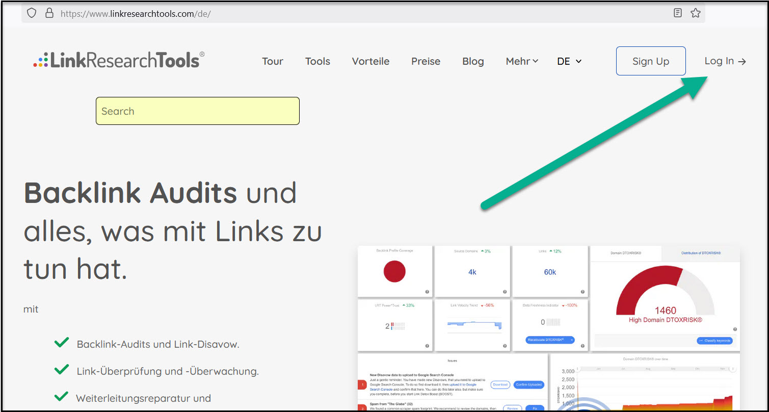 Anmeldung in den LinkReseachTools - Bild 1
