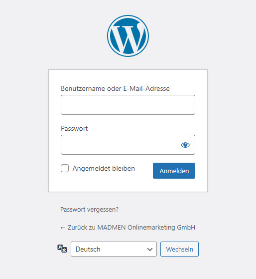 Anmledemaske WordPress-Backend mit Benutzername und Passwort