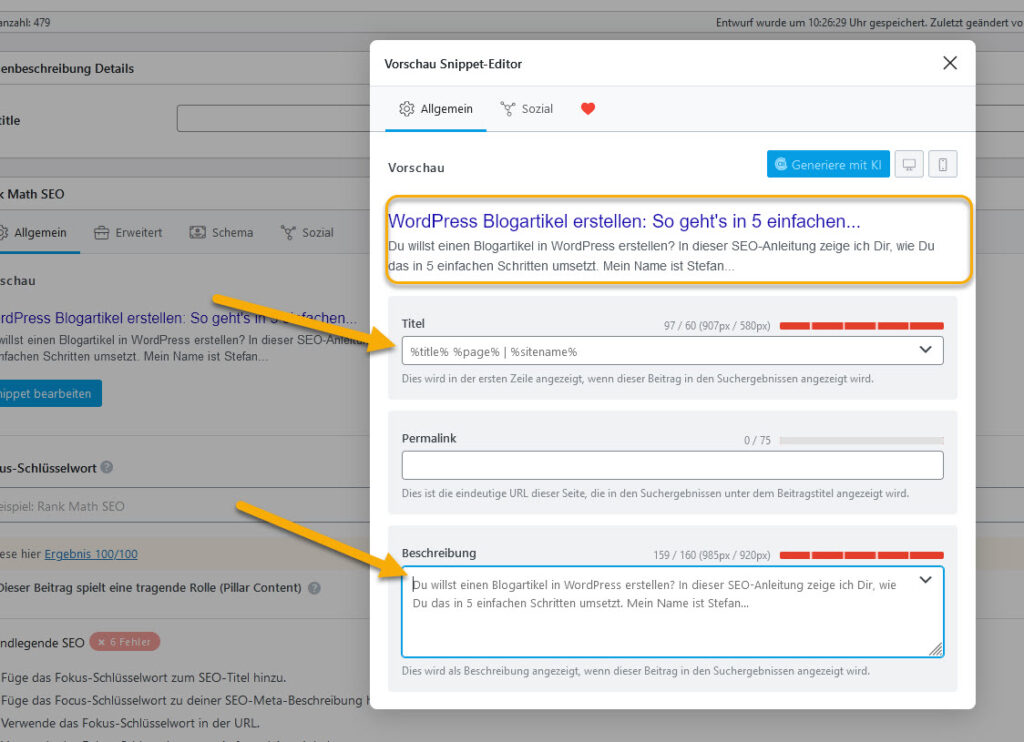 Rankmath Google Snippet bearbeiten WordPress