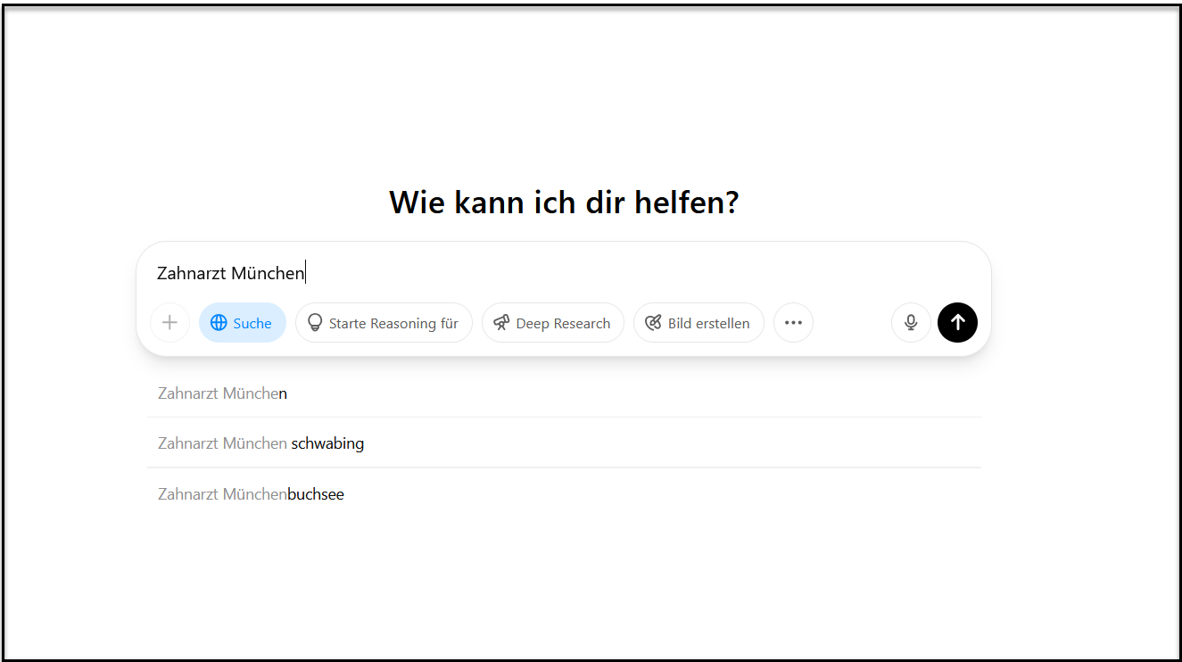 Zahnarzt München Suchfeld mit vorgeschlagenen Suchanfragen zu Zahnärzten in München, Schwabing und Buchen.
