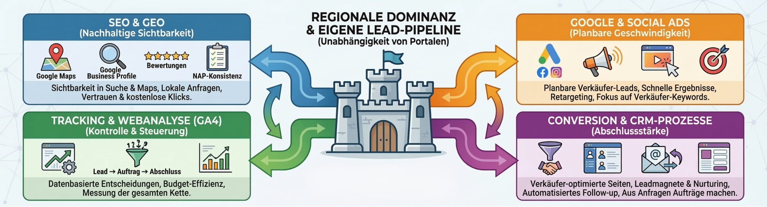 Infografik: Marketing-System für Immobilienmakler mit SEO & GEO, Google/Social Ads, Tracking (GA4) und CRM-Prozessen für regionale Dominanz und Unabhängigkeit von Immobilienportalen.