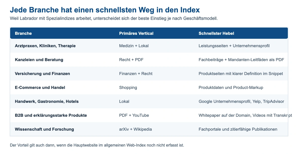 Tabellarische Übersicht, welche Branche über welches Labrador-Vertical am schnellsten sichtbar wird: Medizin, Recht, Finanzen, Shopping, Lokal sowie PDF und YouTube für B2B.